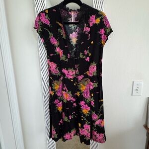 Free People Black Mini Dress with Pink and Orange Floral